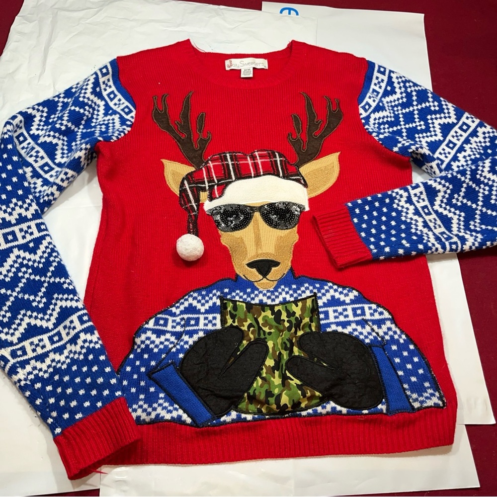 CHRISTMAS Sweater BUCK DEER Santa Hat Glasses Mens Med Funny Ugly Red Green Blue